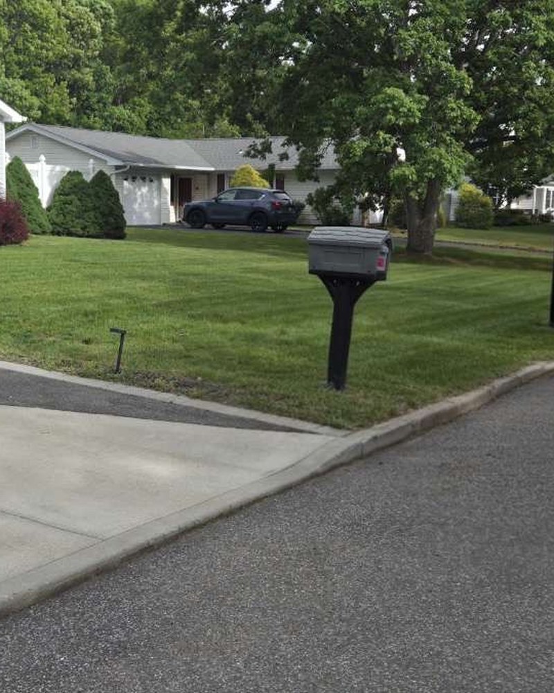 Manicured lawn at a ranch property with mailbox and clean driveway entrance